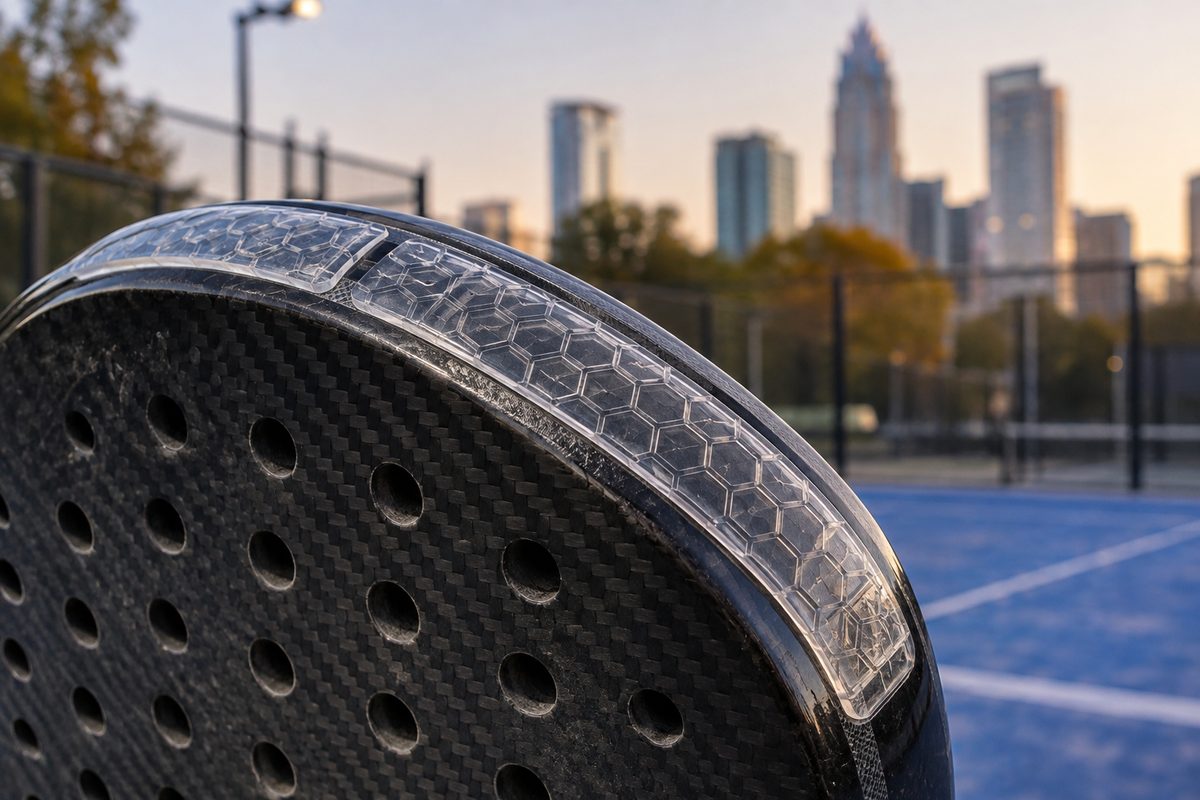 Adhesive textured polycarbonate frame protector mounted on padel racket crown