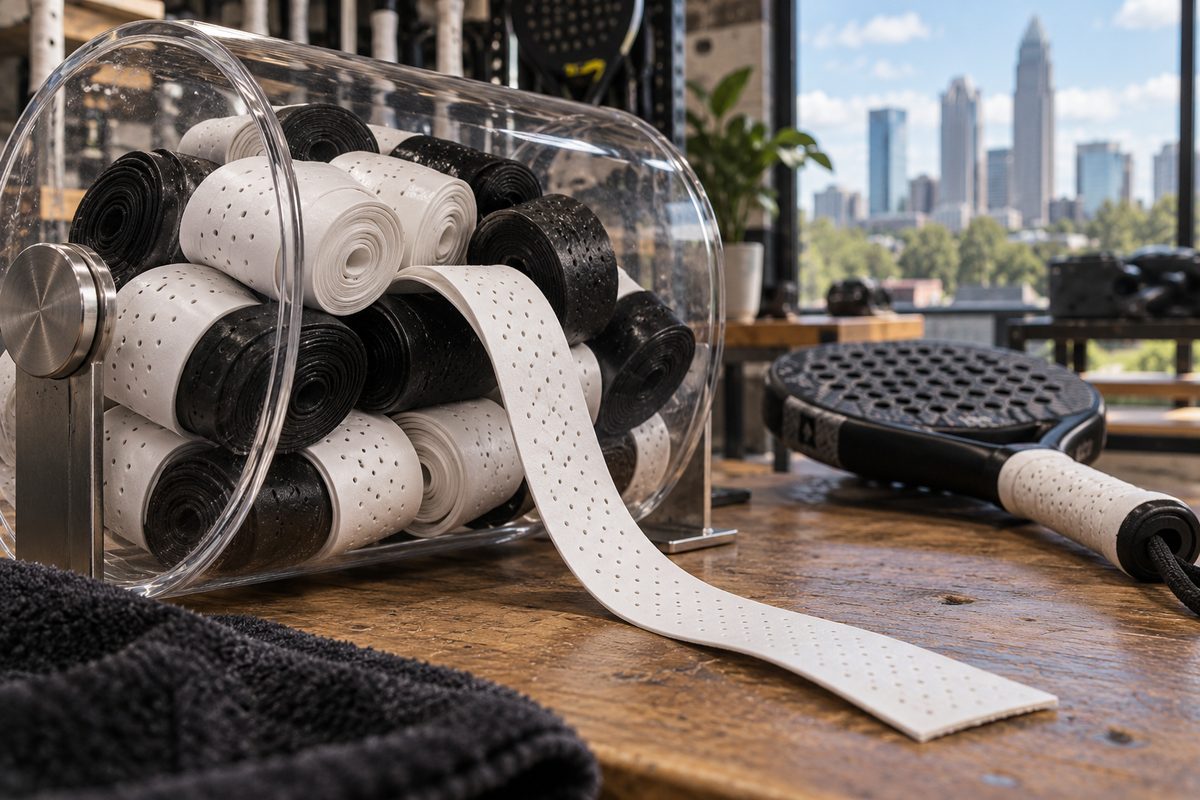 Workshop tub of micro-perforated polyurethane high-tack padel overgrips