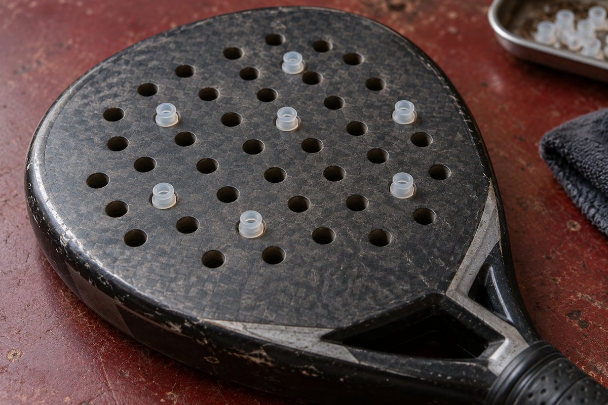Dual-ring silicone vibration dampeners inserted into drilled racket holes