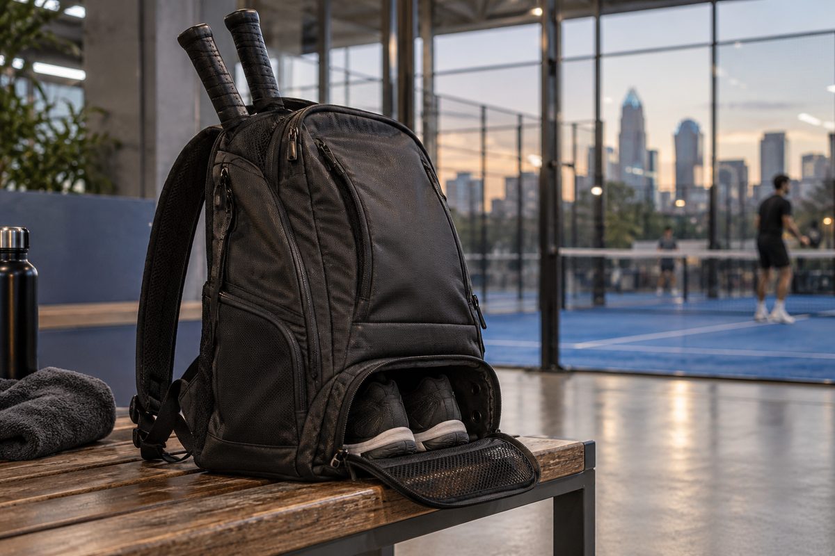 Technical padel backpack with integrated racket sleeve and ventilated court shoe tunnel