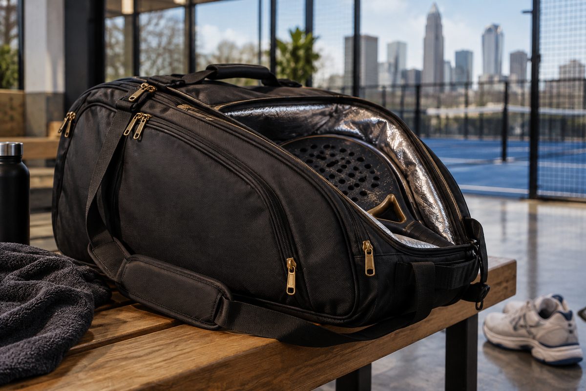 Tour-grade padel racket bag showing open compartment with reflective thermal foil lining