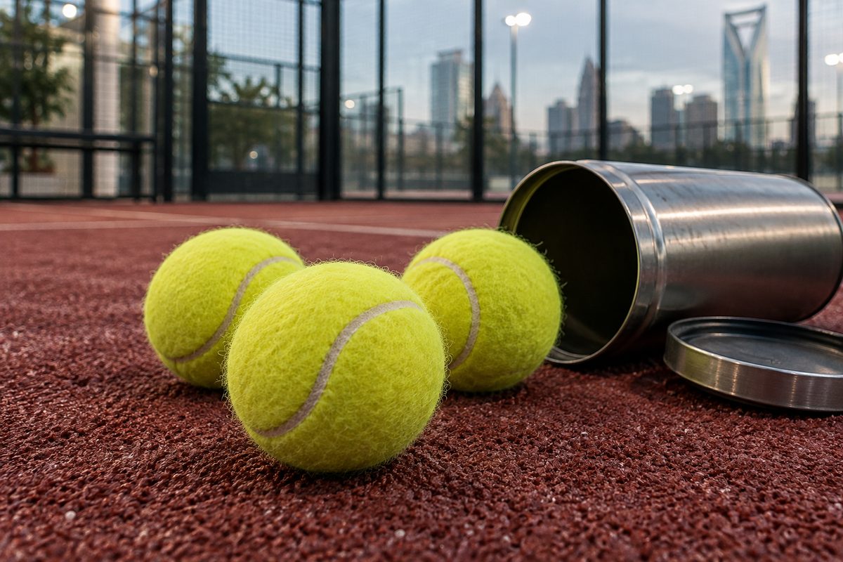 Three optic yellow pressurised padel balls beside an opened pressure cylinder