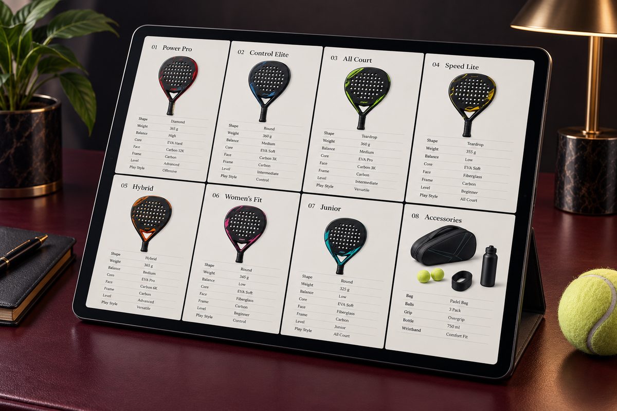 Tablet screen displaying clean 8-page padel equipment specification ledger