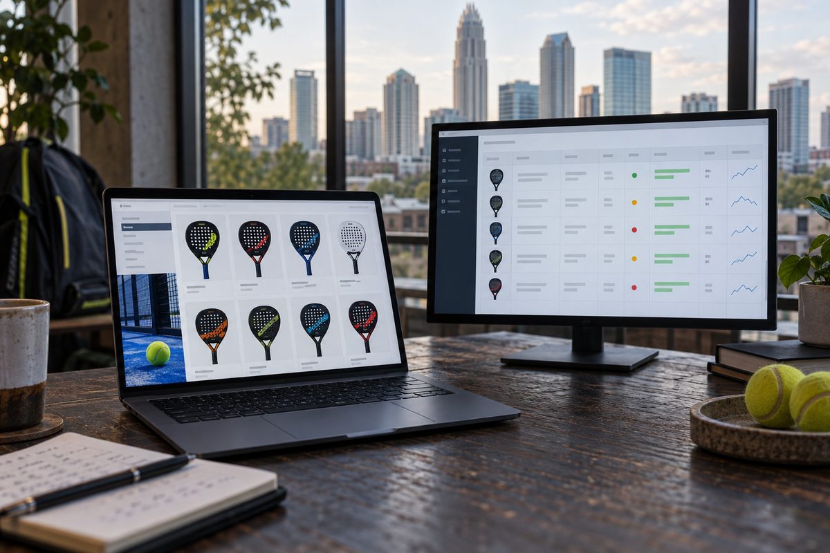 Dual monitor display showing enterprise padel inventory sync and custom catalogue layouts