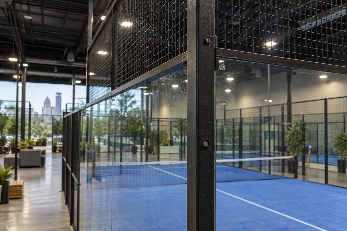 Architectural perspective of tempered glass wall and steel mesh on indoor padel court