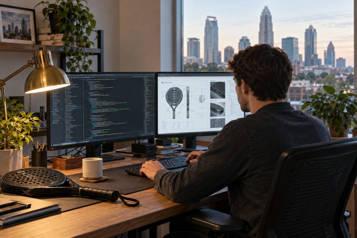 Clean web development workstation with code displays and padel frame in Charlotte NC