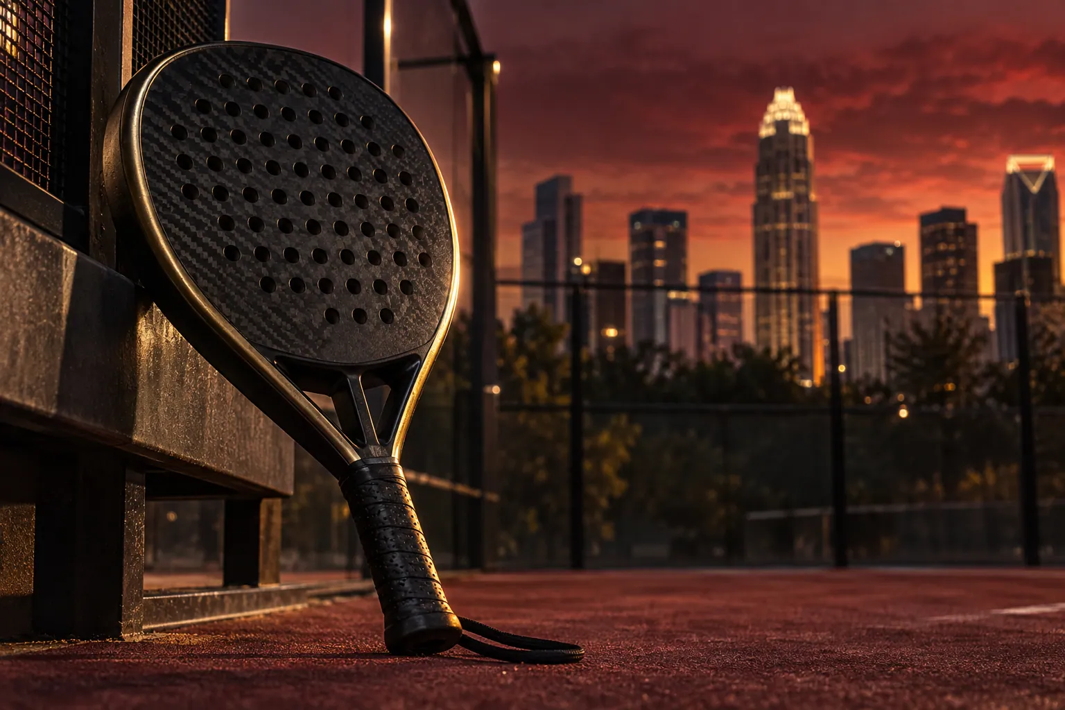 Silhouette of competition padel pala with gold rim lighting against deep burgundy background