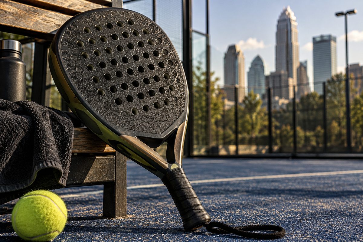 Teardrop hybrid padel racket with embossed rough sand-texture spin surface