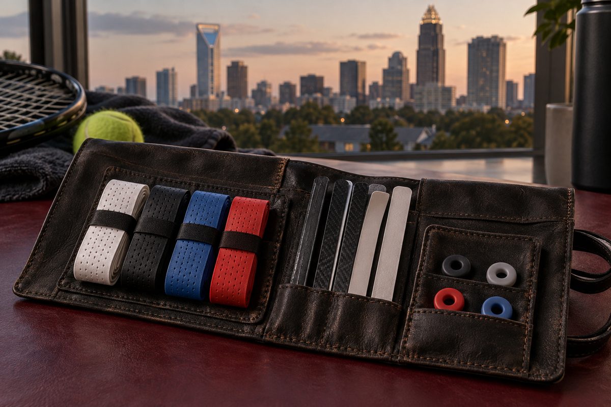 Padel maintenance kit with overgrips, frame guards, and dampening plugs in tool roll