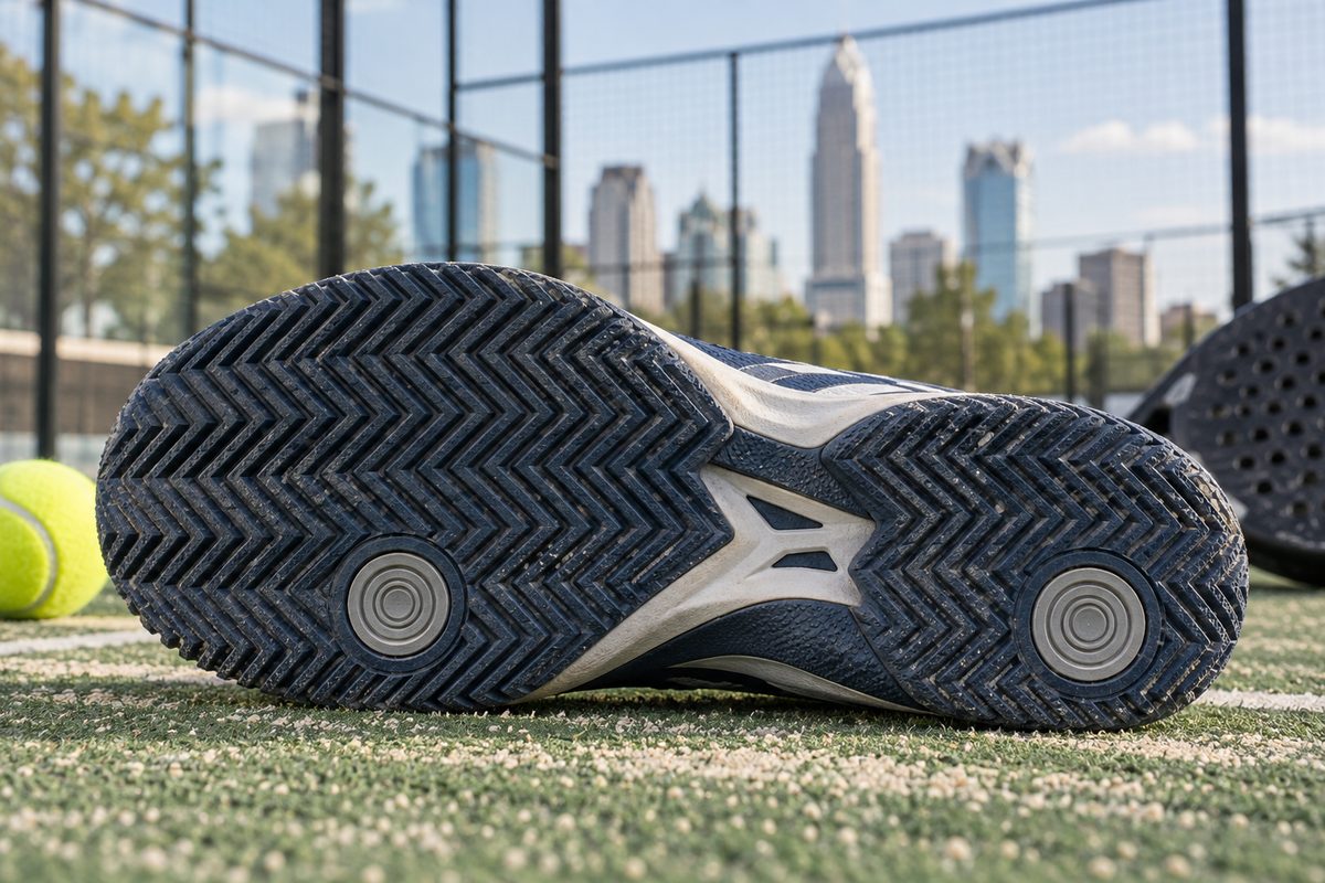Outsole view of padel court shoes highlighting deep herringbone sand tread pattern